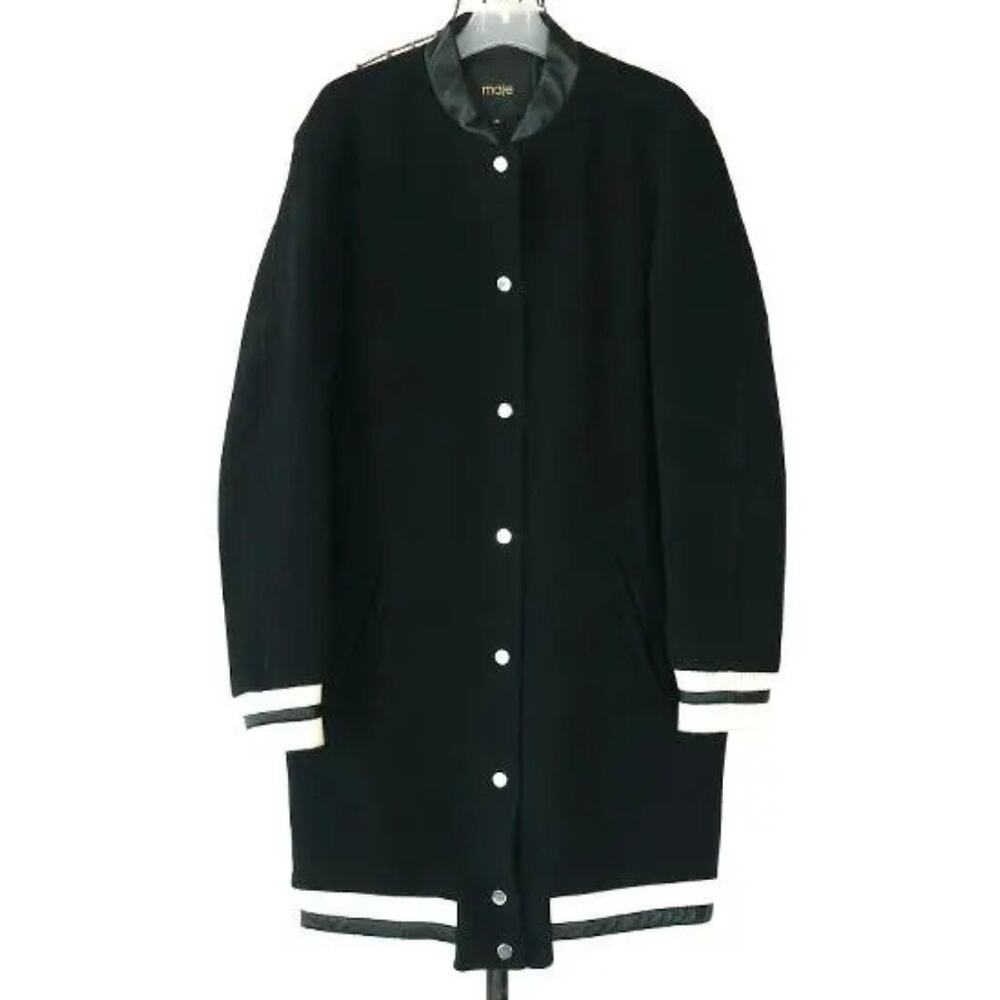 Maje Kelly Black Boiled Wool Leather Trim Long Varsity Bomber Coat FR 36 US S